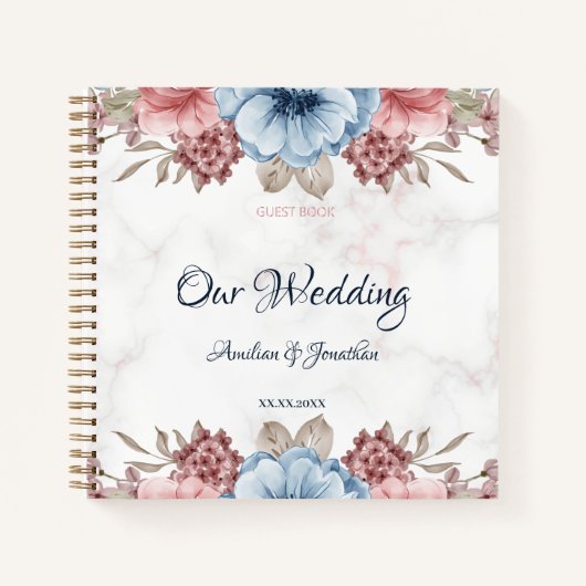 Rustikales Blue Pink Floral Wedding Guest Nook Notizblock (Vorderseite)