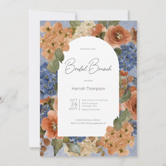 Rustikales Blue & Rust Floral Bridal Brunch Einladung (Vorderseite)