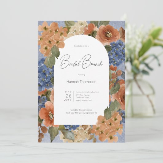 Rustikales Blue & Rust Floral Bridal Brunch Einladung (Stehend Vorderseite)