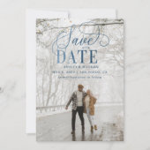 Rustikales Blue Script Modernes Foto Save the Date (Vorderseite)