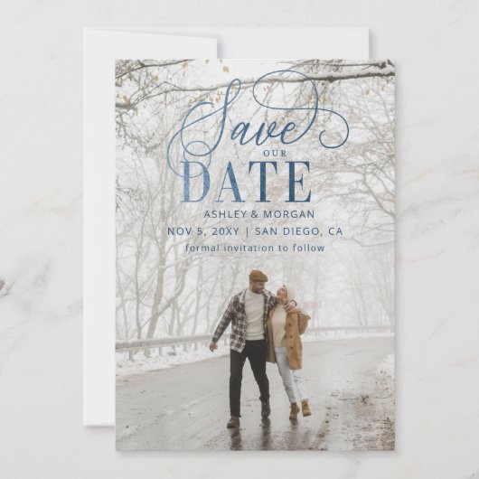 Rustikales Blue Script Modernes Foto Save the Date (Vorderseite)