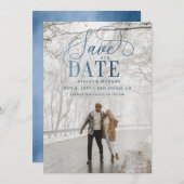 Rustikales Blue Script Modernes Foto Save the Date (Vorne/Hinten)
