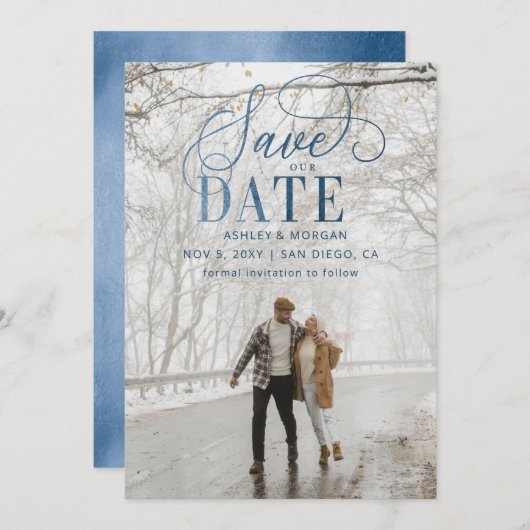 Rustikales Blue Script Modernes Foto Save the Date (Vorne/Hinten)