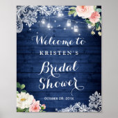 Rustikales Blue String Light Floral Brautparty Sig Poster (Vorne)