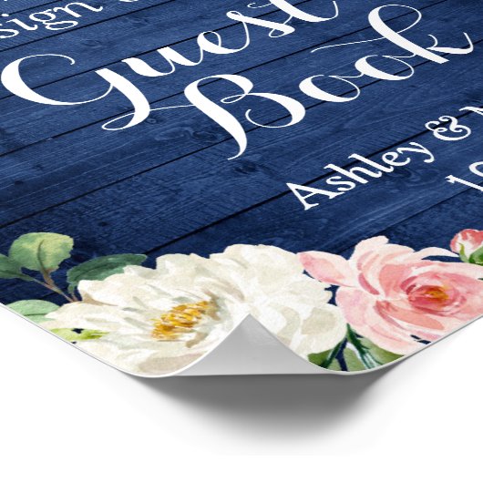 Rustikales Blue String Lights Floral Sign Guestboo Poster (Ecke)