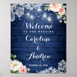 Rustikales Blue String Lights Lace Floral Wedding Poster