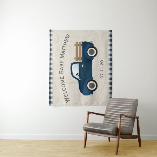 Rustikales Blue Truck Boy Babydusche Hintergrund Wandteppich (Beispiel)