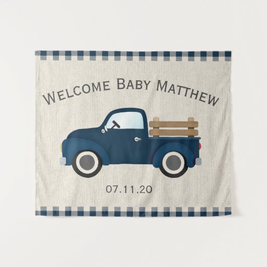 Rustikales Blue Truck Boy Babydusche Hintergrund Wandteppich (Vorderseite (Horizontal))