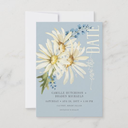 Rustikales Blue & White Daisies Wedding Save The Date (Vorderseite)