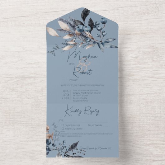 Rustikales Blue Winter Foliage Blue Details All In One Einladung (Innen Boden)