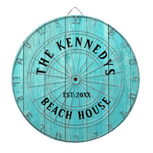 Rustikales Blue Wood Beach Haus Familienname Dartscheibe