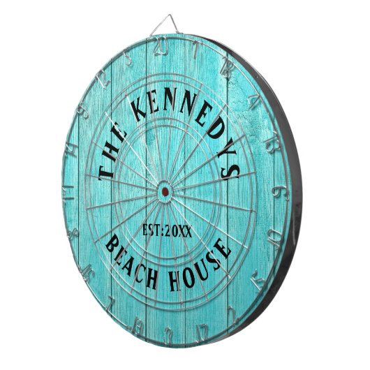 Rustikales Blue Wood Beach Haus Familienname Dartscheibe (Vorderseite rechts)