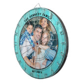Rustikales Blue Wood Beach Haus Familienname Foto Dartscheibe (Vorderseite rechts)