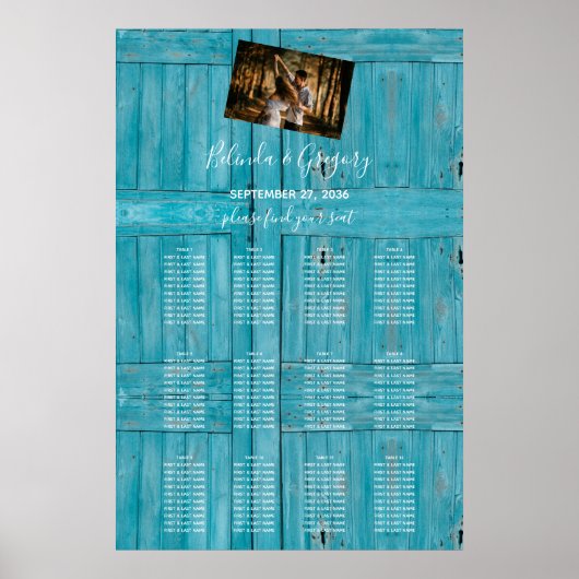 Rustikales Blue Wood Foto Hochzeitsdiagramm Poster (Vorne)
