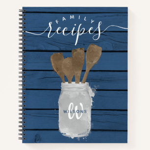 Rustikales Blue Wood Jar Spoon Familienrezepte Koc Notizblock