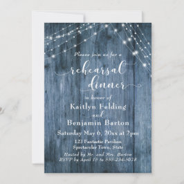 Rustikales Blue Wood & Light Strings Probe Dinner Einladung