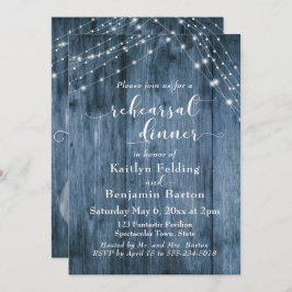 Rustikales Blue Wood & Light Strings Probe Dinner Einladung