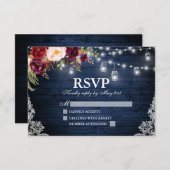 Rustikales Blue Wood Lights Jars Floral Wedding RSVP Karte (Vorne/Hinten)
