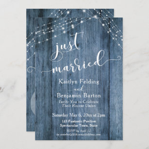 Rustikales Blue Wood & Lights Just Married Event Einladung
