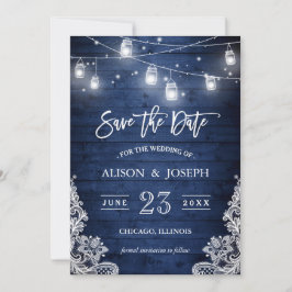 Rustikales Blue Wood Mason Jars Lights Lace Weddin Save The Date