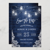 Rustikales Blue Wood Mason Jars Lights Lace Weddin Save The Date (Vorne/Hinten)