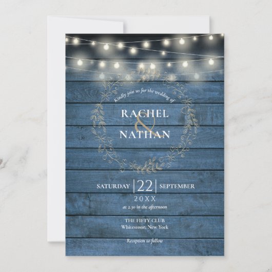 Rustikales Blue Wood String Lights Garland Wedding Einladung (Vorderseite)