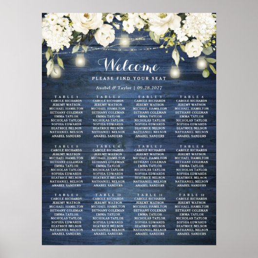 Rustikales Blue Wood White Floral Chart Plan Poster (Vorne)