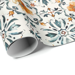 Rustikales Blumenfliesen-Wrap-Papier, Orange & Tür Geschenkpapier