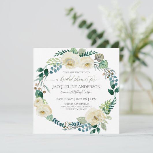 Rustikales Blumenfutter Elfenbein Rose Foliage Bra Einladung (Stehend Vorderseite)