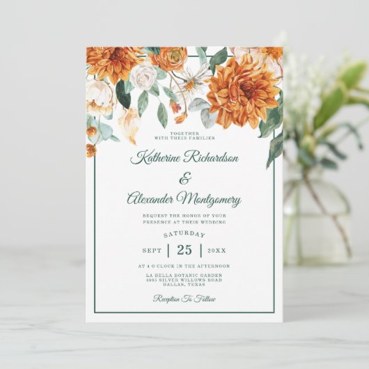 Rustikales Blumengebirge Orange Elegante Hochzeit Einladung (Stehend Vorderseite)