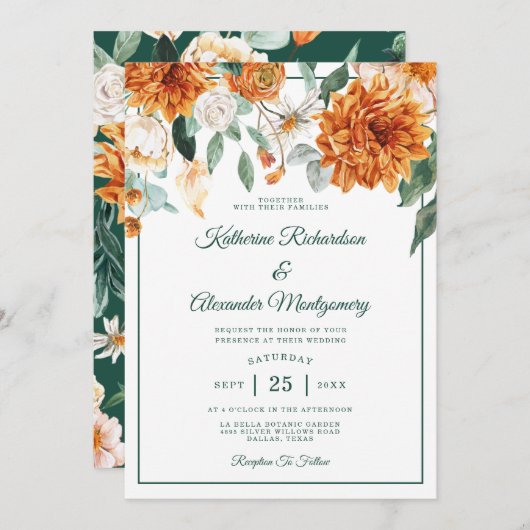 Rustikales Blumengebirge Orange Elegante Hochzeit Einladung (Vorne/Hinten)