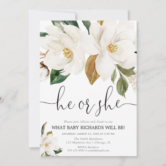 Rustikales Blumengeschlecht, weißes Magnolie Einladung (Vorderseite)