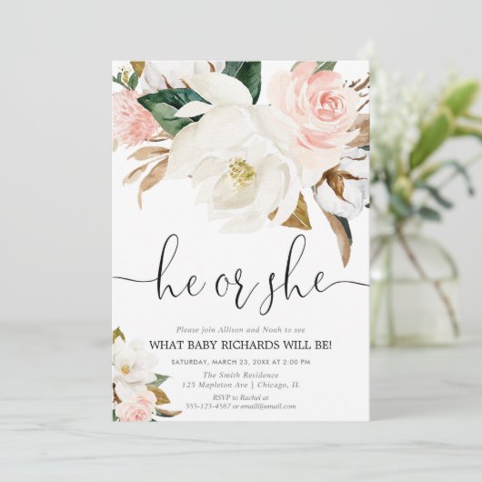 Rustikales Blumengeschlecht, weißes rosa Magnolie Einladung (Stehend Vorderseite)