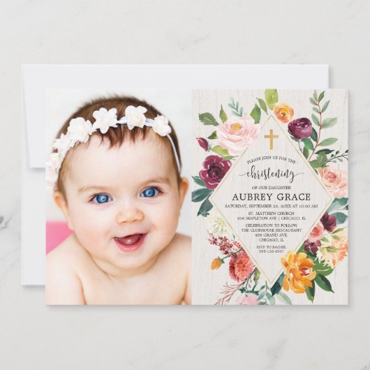 Rustikales Blumengesteck Wasserfarbe Christening F Einladung (Vorderseite)