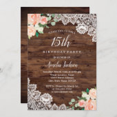 Rustikales Blumenholz 15. Geburtstag Einladung (Vorne/Hinten)