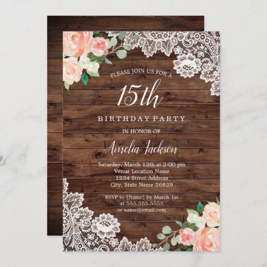 Rustikales Blumenholz 15. Geburtstag Einladung (Vorne/Hinten)