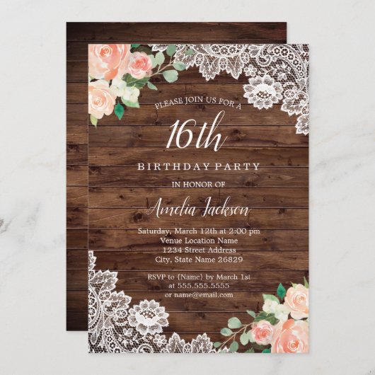 Rustikales Blumenholz 16. Geburtstag Einladung (Vorne/Hinten)
