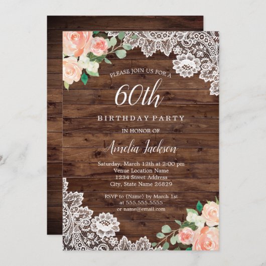 Rustikales Blumenholz 60. Geburtstag Einladung (Vorne/Hinten)