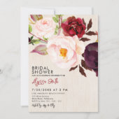 Rustikales Blumenholz Marsala Burgundy Brautparty Einladung (Vorderseite)