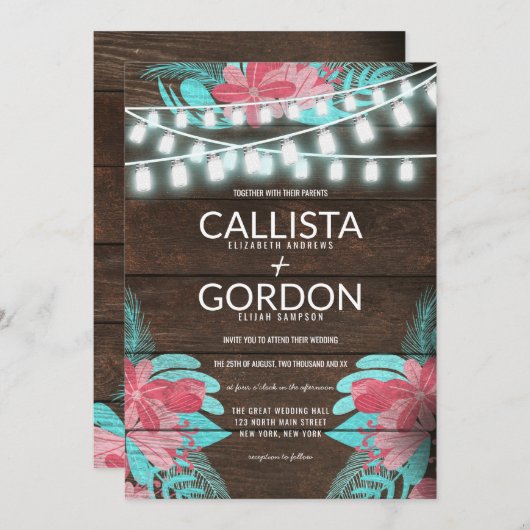 Rustikales Blumenholz Mason Jar Lights Hochzeit Einladung (Vorne/Hinten)