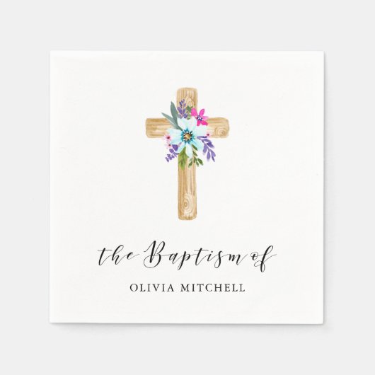 Rustikales Blumenkreuz und Blume | Taufe Serviette (Vorderseite)