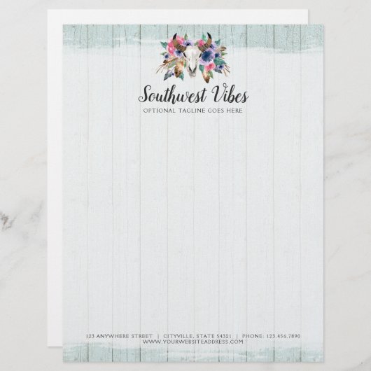 Rustikales Blumenkuh-Schädel-Aquarell hölzernes Briefbogen (Vorne/Hinten)