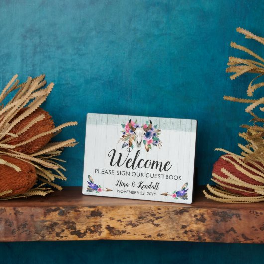 Rustikales Blumenkuh Skull Boho Hochzeitssymbol Fotoplatte (Seite)