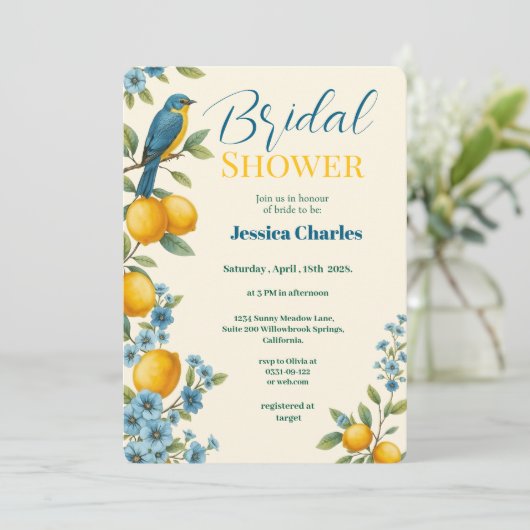 Rustikales Blumenlemon & Bluebird-Brautparty Einladung (Stehend Vorderseite)