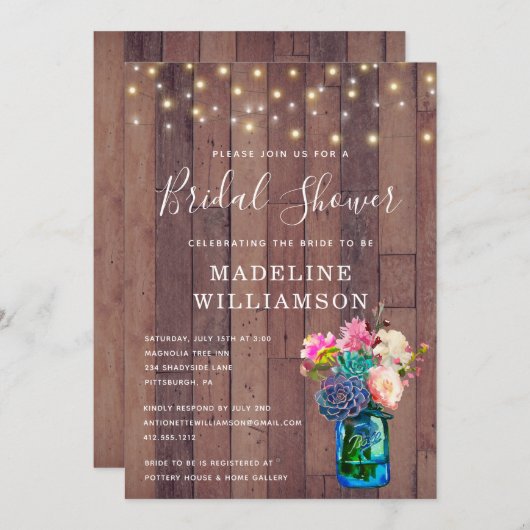 Rustikales Blumenmason Jar & Lights Brautparty Einladung (Vorne/Hinten)