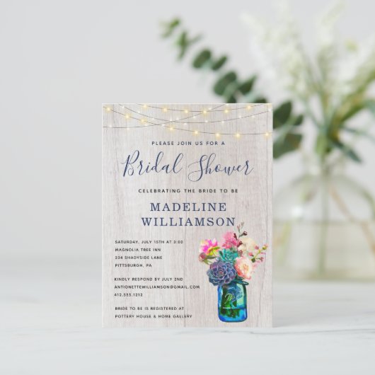 Rustikales Blumenmason Jar & Lights Brautparty Postkarte (Stehend Vorderseite)