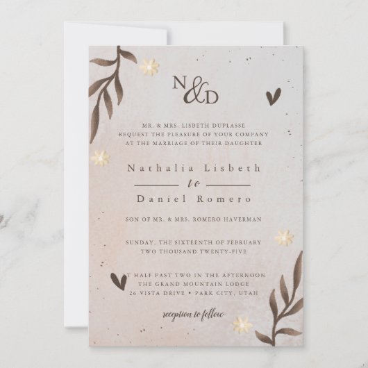 Rustikales Blumenmuster, elegantes Skript, Aquarel Einladung (Vorderseite)