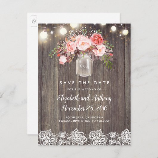 Rustikales Blumenrosa Save the Date Ankündigungspostkarte (Vorne/Hinten)