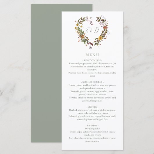 Rustikales Blumenstuhl Grünes Hochzeitsessen Menükarte (Vorne/Hinten)