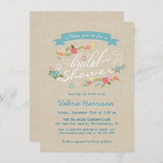 Rustikales Blumenwreath-Leinwand-Brautparty lädt Einladung (Vorne/Hinten)